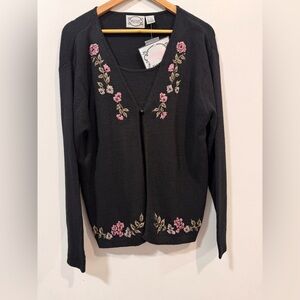 Bizzit Collection Pink Floral Design Cotton Blend Preppy Black Cardigan Size L